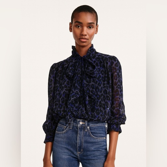 Kate Spade Silk Blouse Leopard Clip Bow XS Metallic Top Tie Button Front $328 - Picture 1 of 7